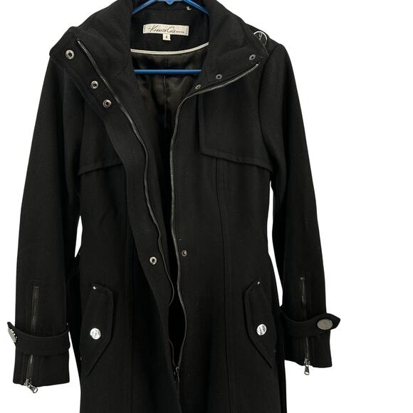 Kenneth Cole New York Waist Tie Coat WMNS 4 Black Wool Blend Zip Up Lined Jacket - Picture 6 of 10